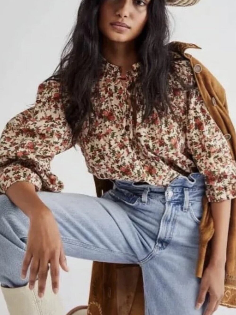 Free People “Meant to Be” Floral Blouse Puff sleeves Cream Red Floral print XS